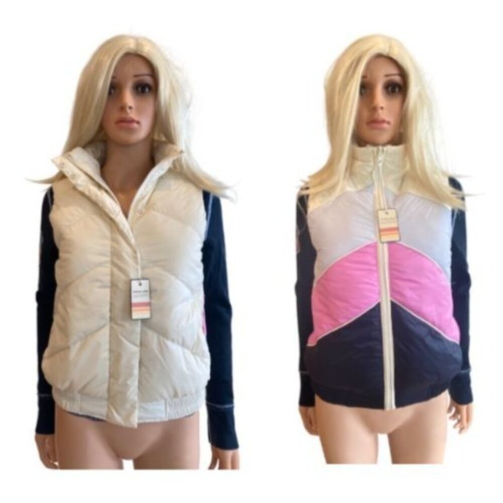 NWT Marine Layer XS Reversible Antuco Puffer Vest Ivory Pink colorblock $158
